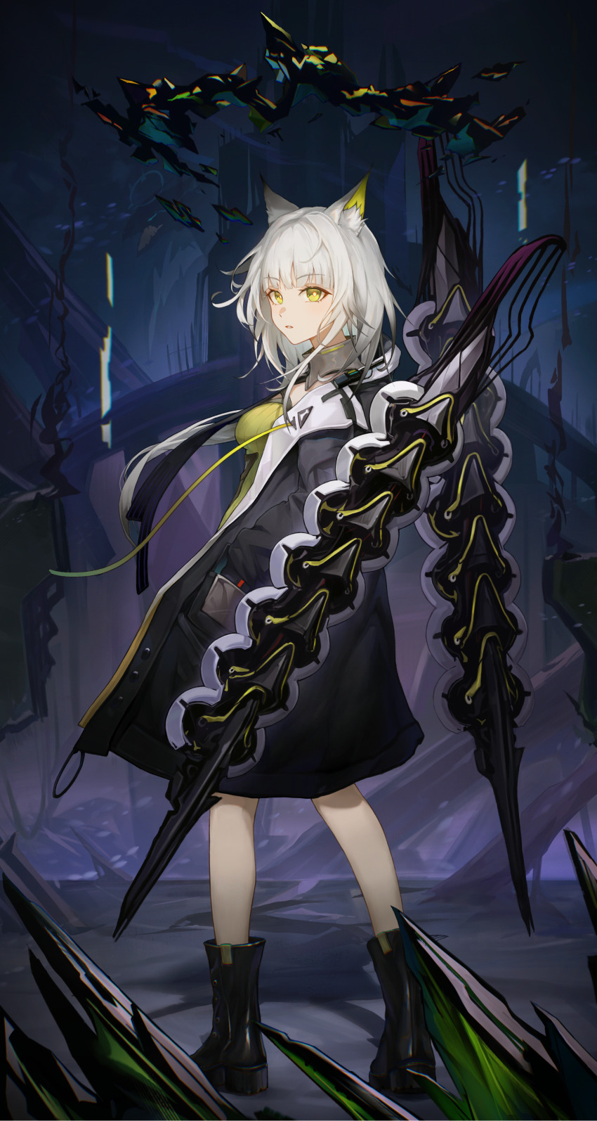 1girl, absurdres, animal_ear_fluff, animal_ears, arknights, black_boots, black_coat, boots