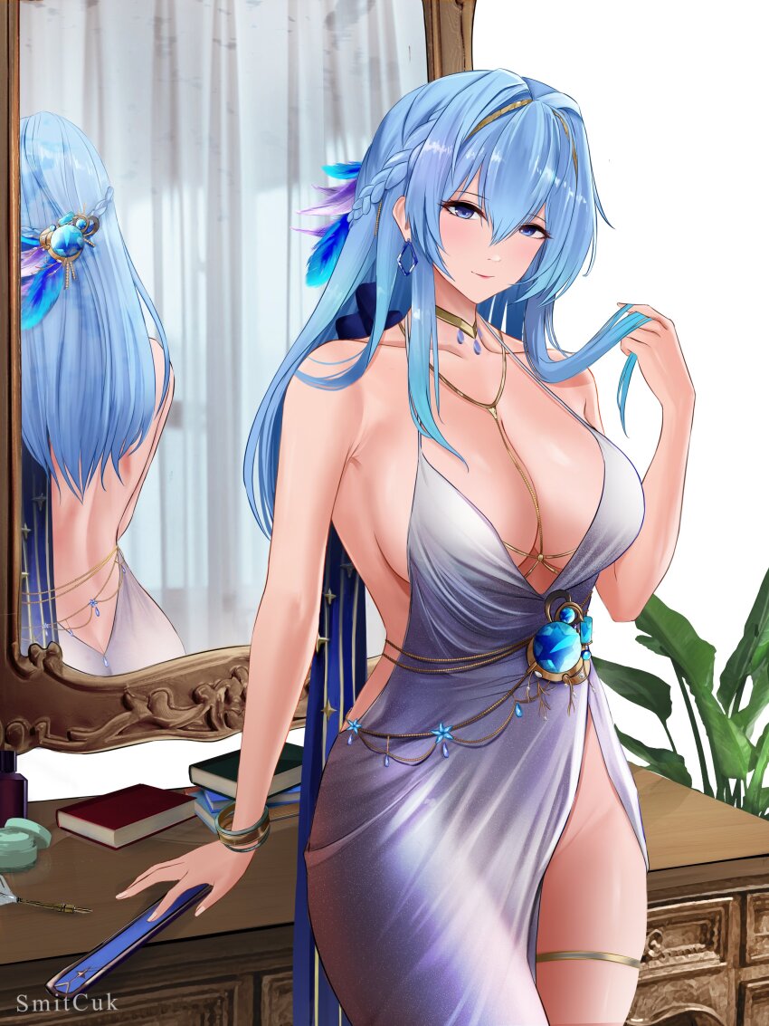 1girl, absurdres, alternate_costume, artist_name, ass, backless_dress, backless_outfit, bangle