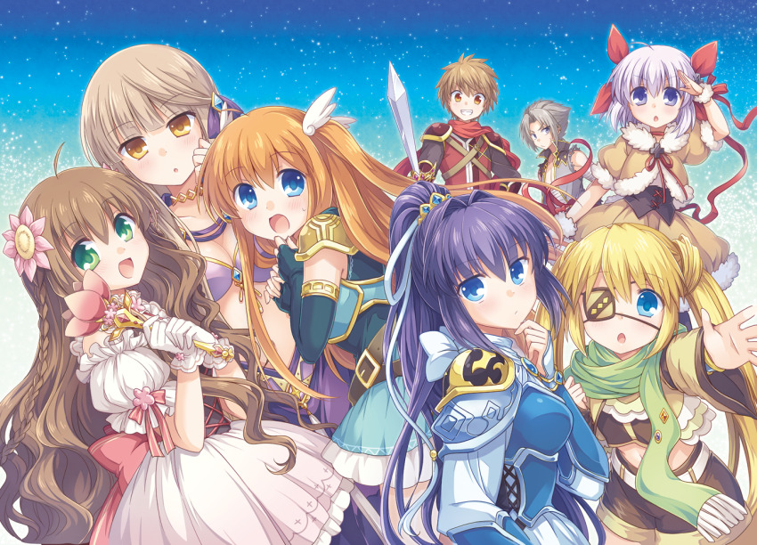 2boys, 6+girls, :d, :o, ahoge, armor, armored_dress, back_bow