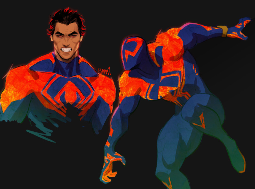 1boy, absurdres, animal_print, artist_name, black_background, black_hair, blue_bodysuit, blue_mask, bodysuit, bracelet, clenched_teeth, commentary, dark-skinned_male, dark_skin, english_commentary, esaart, fangs, highres, jewelry, looking_at_viewer, male_focus, marvel, miguel_o'hara, multicolored_bodysuit, multiple_views, muscular, muscular_male, pectorals, red_bodysuit, red_eyes, short_hair, signature, simple_background, skin_tight, spider-man:_across_the_spider-verse, spider-man_(2099), spider-man_(series), spider-verse, spider_print, teeth, two-tone_bodysuit