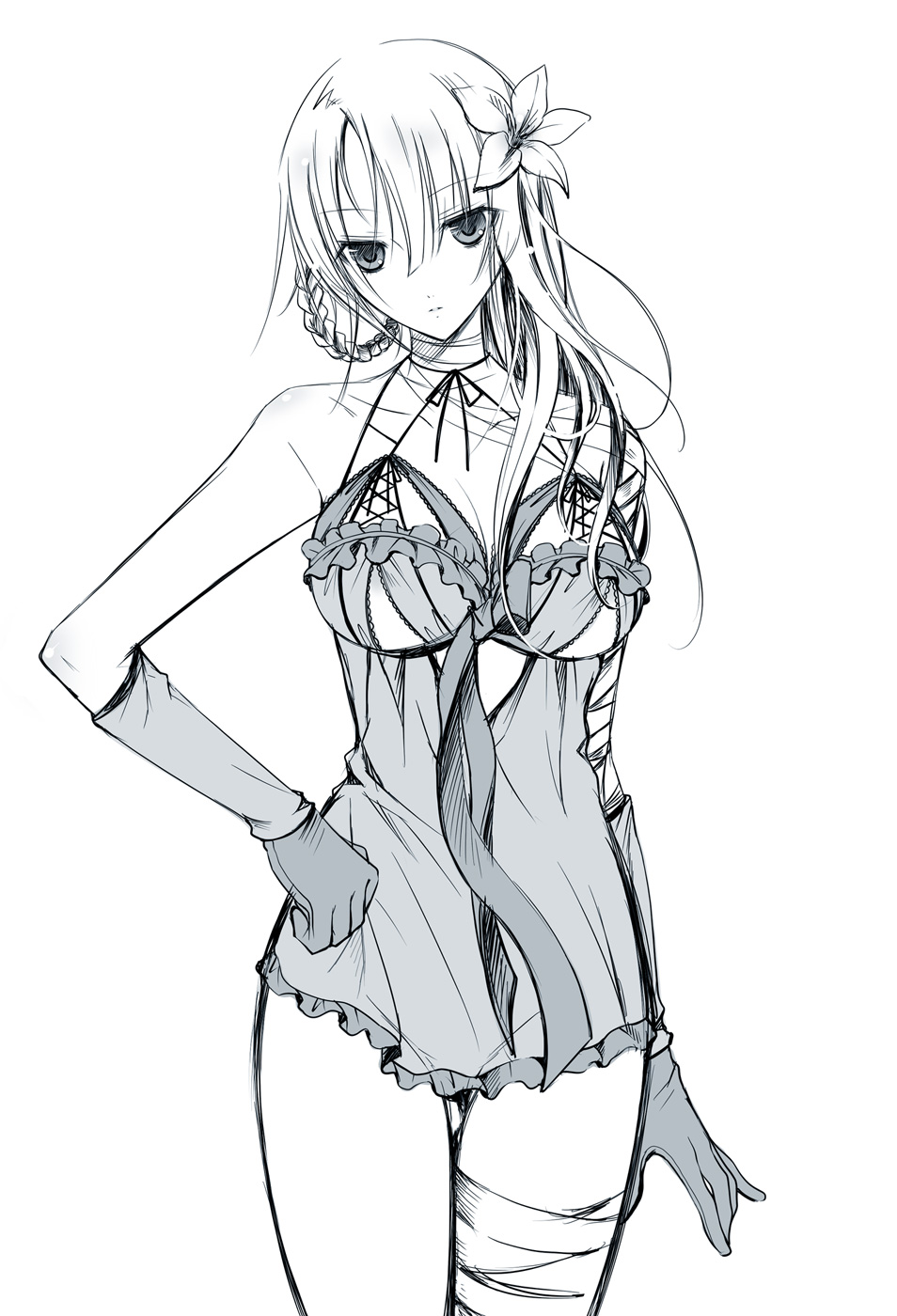 1girl, bandages, bare_shoulders, breasts, choker, dress, female_focus, flower, gloves, hair_ornament, highres, kaine_(nier), long_hair, monochrome, nier, nier_(series), simple_background, solo, vanilla_(artist), white_background