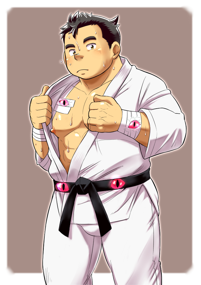 1boy, abs, bandaged_arm, bandages, bara, belt, black_belt, black_hair