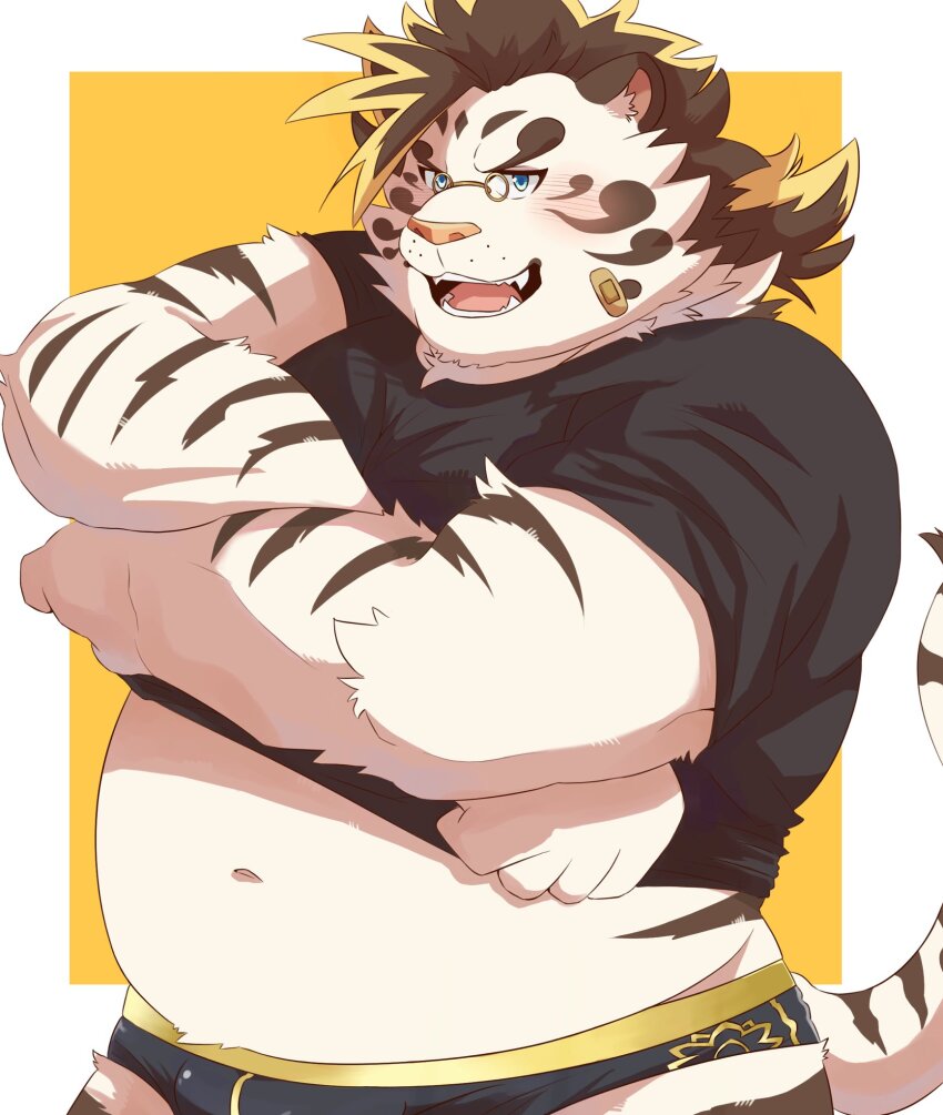 1boy, animal_ears, bandaid, bandaid_on_face, bara, belly, black_male_underwear, black_shirt