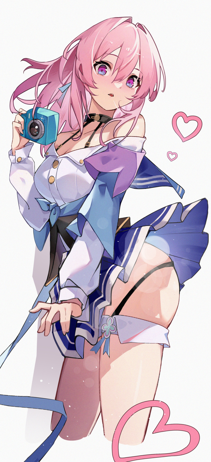 1girl, absurdres, ass, bare_shoulders, black_choker, blue_eyes, blue_jacket, blue_ribbon, blue_skirt, blush, breasts, buttons, camera, choker, chongchongbao_mushi, cleavage, collarbone, collared_shirt, hair_between_eyes, hand_up, heart, highres, holding, holding_camera, honkai:_star_rail, honkai_(series), jacket, large_breasts, long_sleeves, looking_at_viewer, march_7th_(honkai:_star_rail), march_7th_(preservation)_(honkai:_star_rail), miniskirt, multicolored_eyes, off_shoulder, open_clothes, open_jacket, open_mouth, pink_eyes, pink_hair, puffy_long_sleeves, puffy_sleeves, ribbon, shirt, short_hair, simple_background, skirt, solo, standing, teeth, tied_jacket, white_background, white_shirt