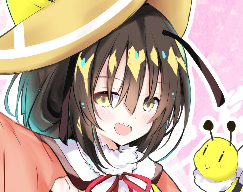 1girl, :>, antennae, arthropod_girl, bee, bee_girl, brown_hair, bug