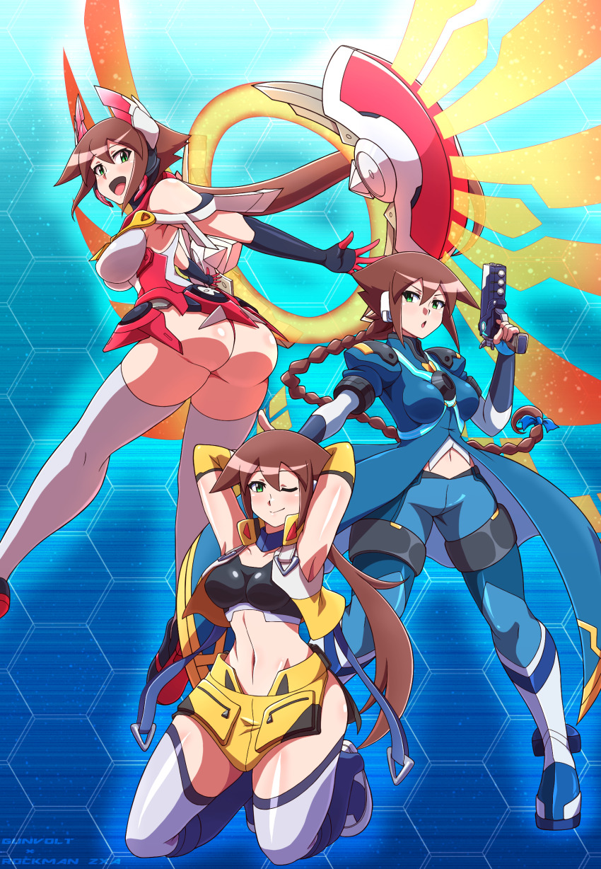 1girl, absurdres, ass, azure_striker_gunvolt, azure_striker_gunvolt_2, blush, braid, braided_ponytail