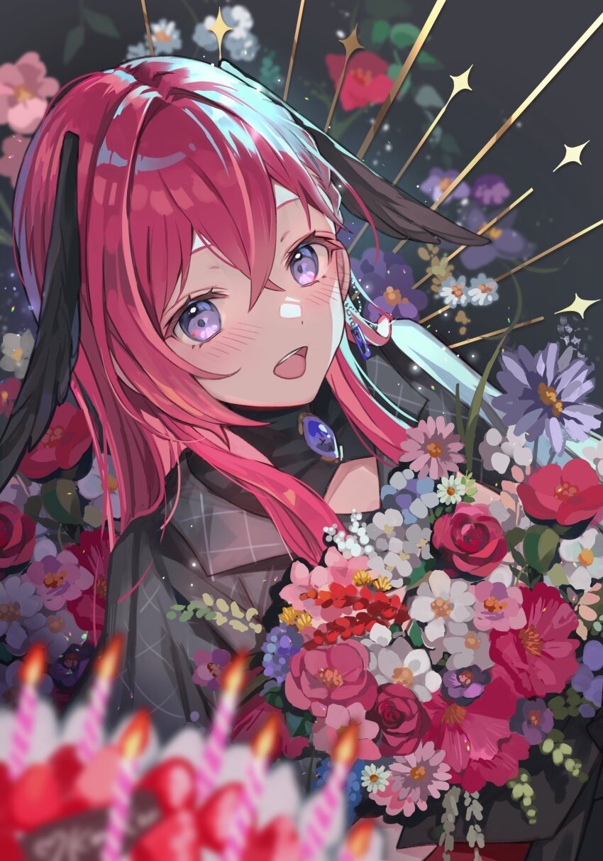 1girl, absurdres, black_wings, blue_gem, blurry, blurry_foreground, blush, bouquet