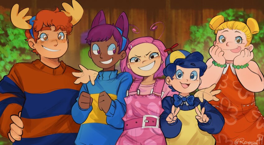 2girls, 3boys, austin_(the_backyardigans), belt, blonde_hair, hat, highres, looking_at_another