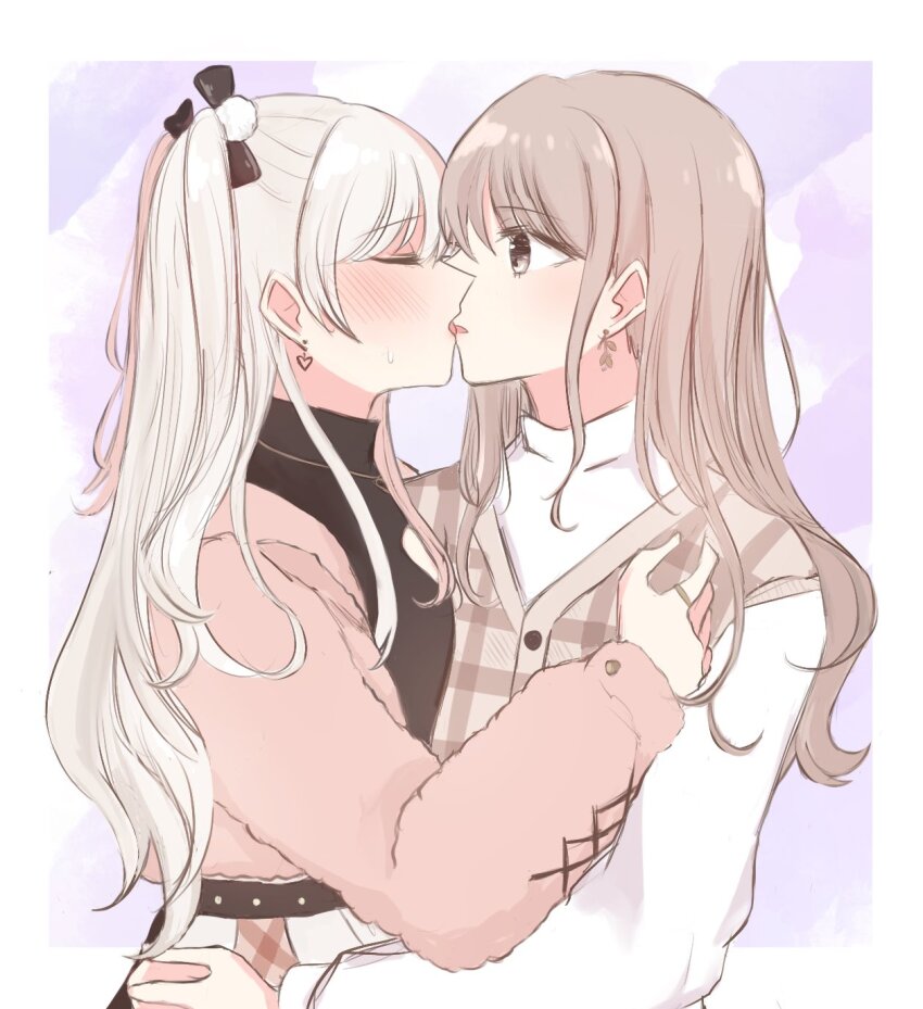 2girls, artist_name, blush, closed_eyes, couple, d4dj, earrings, french_kiss
