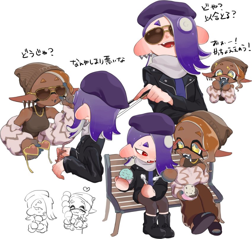 2girls, :d, asymmetrical_hair, aviator_sunglasses, beanie, bench, beret, black_footwear