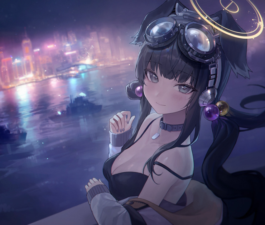 1girl, absurdres, animal_ears, bare_shoulders, belt_collar, black_hair, blue_archive, blunt_bangs, blurry, blurry_background, blush, boat, breasts, camisole, choker, city, city_lights, cityscape, cleavage, closed_mouth, collar, collarbone, dog_ears, dog_girl, dog_tags, eyewear_on_head, ff_01, goggles, goggles_on_head, hair_bobbles, hair_ornament, halo, hibiki_(blue_archive), highres, long_sleeves, looking_at_viewer, medium_breasts, night, off_shoulder, outdoors, river, sidelocks, smile, solo, spaghetti_strap, strap_slip, twintails, upper_body, watercraft, yellow_halo