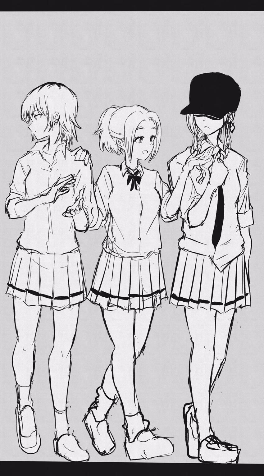 3girls, anna_(watamote), buttons, covered_eyes, full_body, greyscale, harasunosioyaki, hat