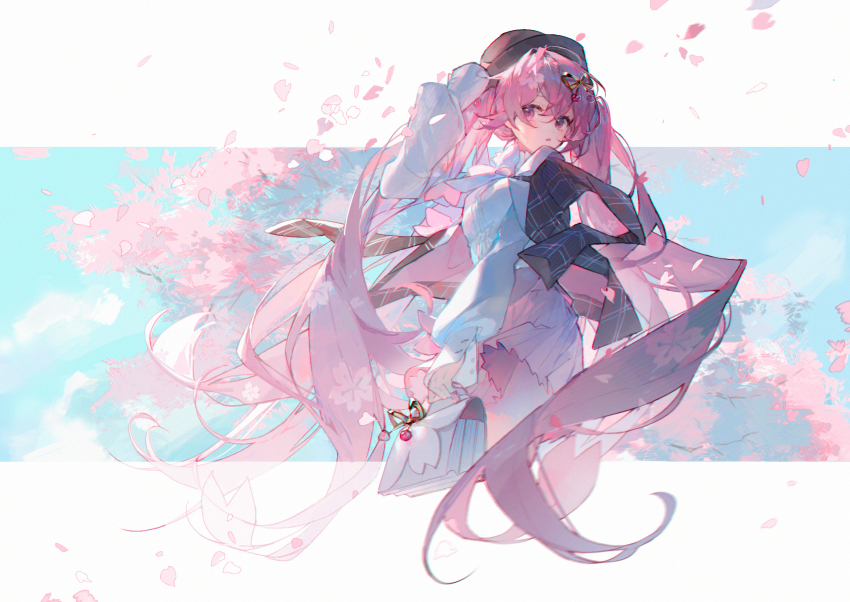 1girl, :o, bag, black_hat, black_jacket, bow, bowtie, cherry_blossoms