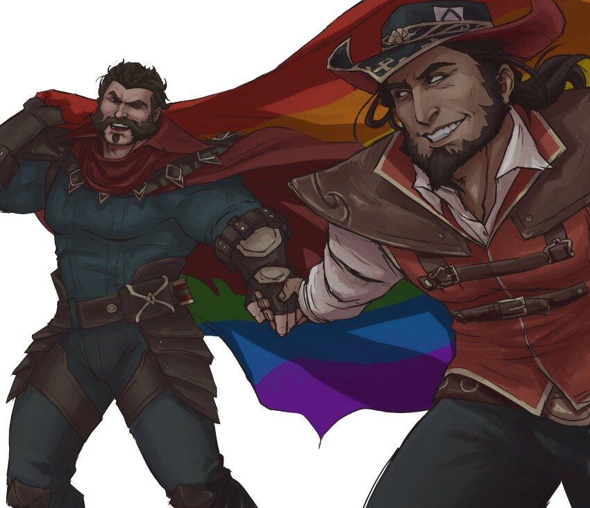 2boys, absurdres, analligator, bara, beard, belt, black_belt, black_gloves