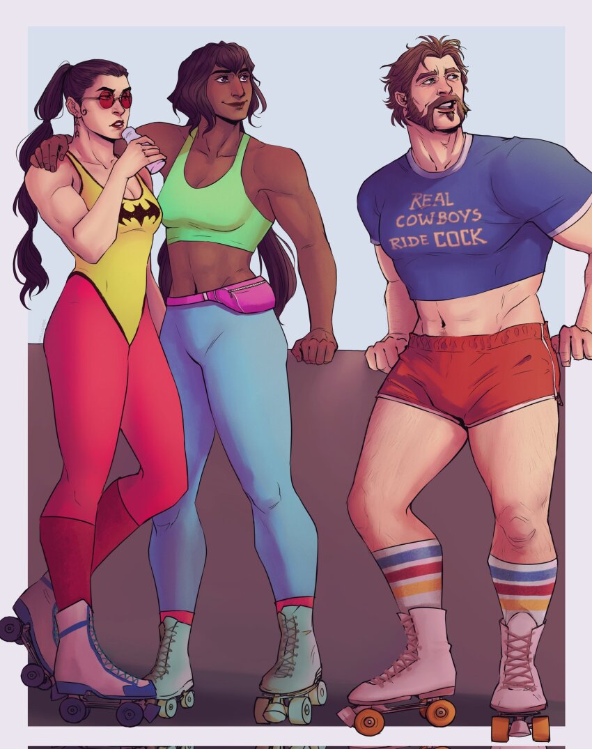 1boy, 2girls, analligator, black_hair, blue_leggings, blue_shirt, breasts, closed_mouth