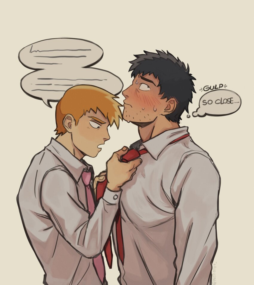2boys, absurdres, adjusting_clothes, adjusting_necktie, black_hair, blush, closed_mouth, collared_shirt