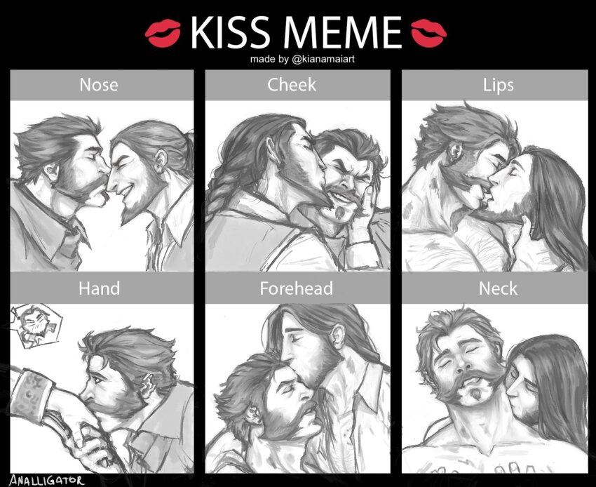 2boys, analligator, artist_name, bara, beard, closed_eyes, english_text, facial_hair, french_kiss, graves_(league_of_legends), greyscale, highres, kiss, kiss_chart, kissing_cheek, kissing_forehead, kissing_hand, kissing_neck, kissing_nose, league_of_legends, long_hair, male_focus, meme, monochrome, multiple_boys, multiple_drawing_challenge, short_hair, tongue, tongue_out, twisted_fate, upper_body, yaoi