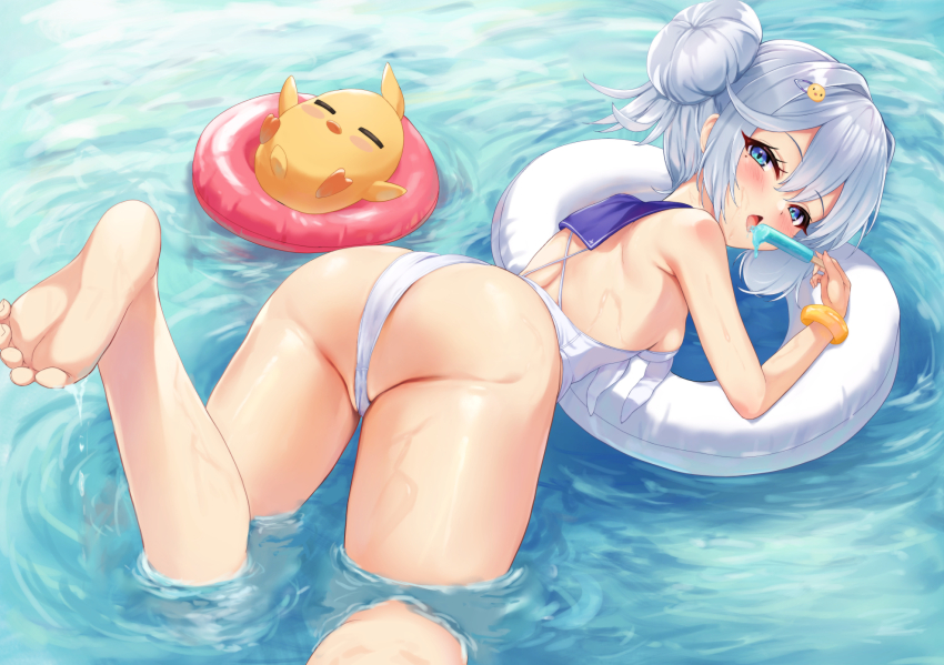 1girl, afloat, ass, azur_lane, baby_animal, bare_shoulders, barefoot, bird
