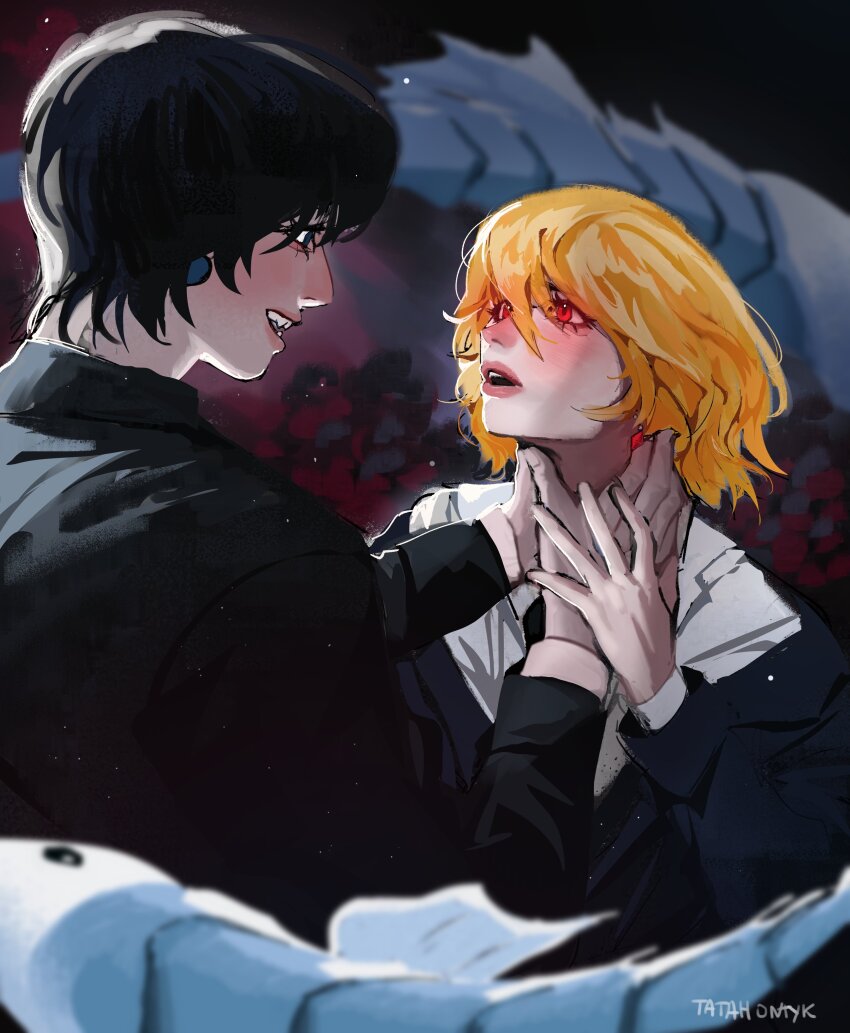 1boy, 1other, absurdres, black_hair, black_suit, blonde_hair, blue_eyes, chrollo_lucilfer, earrings, formal_clothes, hair_between_eyes, hand_on_another's_neck, highres, hunter_x_hunter, indoor_fish, jewelry, kurapika, looking_at_another, necktie, nen_(hunter_x_hunter), ontyk, profile, red_eyes, short_hair, signature, smile, suit, white_background