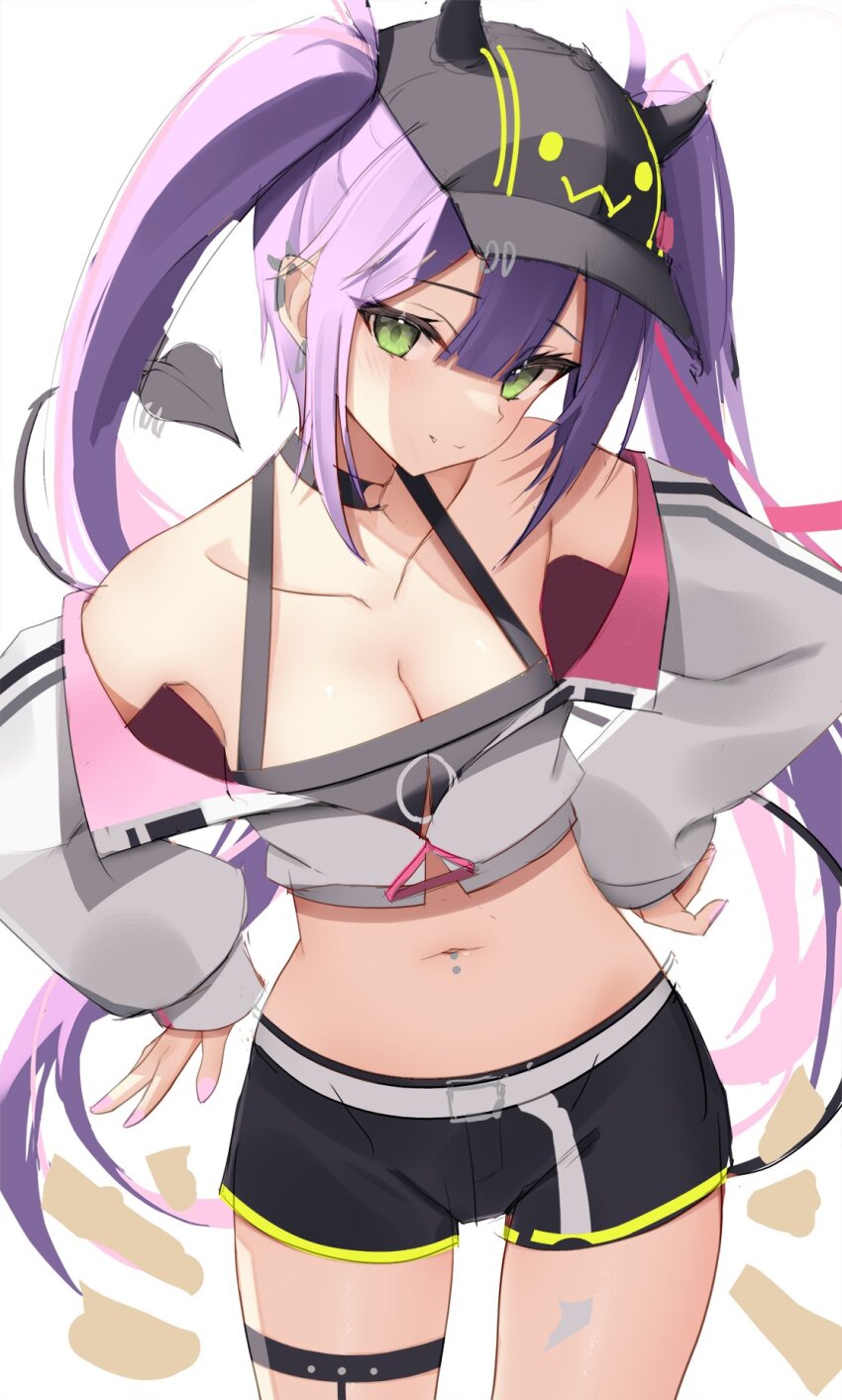 1girl, baseball_cap, bibi_(tokoyami_towa), black_choker, black_hat, black_shorts, black_tank_top, breasts, choker, cleavage, cropped_jacket, demon_girl, demon_tail, ear_piercing, fang, hat, highres, hololive, jacket, long_hair, long_sleeves, looking_at_viewer, medium_breasts, midriff, navel, navel_piercing, o-ring, o-ring_choker, pierced_hat, piercing, purple_hair, short_shorts, shorts, smile, solo, tail, tail_ornament, tail_piercing, tank_top, thigh_strap, thomas_8000, tokoyami_towa, tokoyami_towa_(1st_costume), twintails, unfinished, virtual_youtuber, white_jacket, yellow_eyes