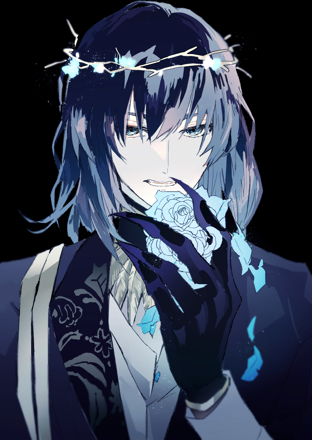 1boy, black_background, black_hair, black_jacket, blue_eyes, blue_flower, blue_rose, bracelet