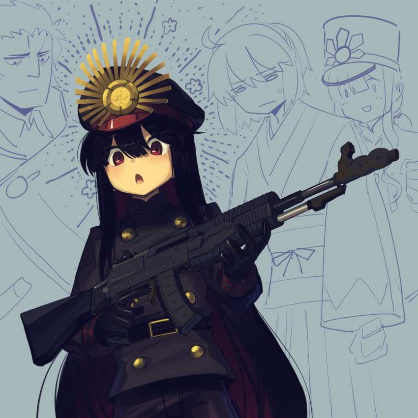 2boys, 2girls, an-94, assault_rifle, belt, black_gloves, black_hair, black_headwear, black_jacket, black_pants, boa_(brianoa), breasts, buttons, crest, family_crest, fate/grand_order, fate_(series), gloves, gun, hat, highres, hijikata_toshizou_(fate), holding, jacket, koha-ace, long_hair, long_sleeves, multiple_boys, multiple_girls, oda_nobukatsu_(fate), oda_nobunaga_(fate), oda_nobunaga_(kaiser)_(fate), oda_uri, okita_souji_(fate), okita_souji_(koha-ace), open_mouth, pants, peaked_cap, popped_collar, red_eyes, rifle, small_breasts, smile, weapon