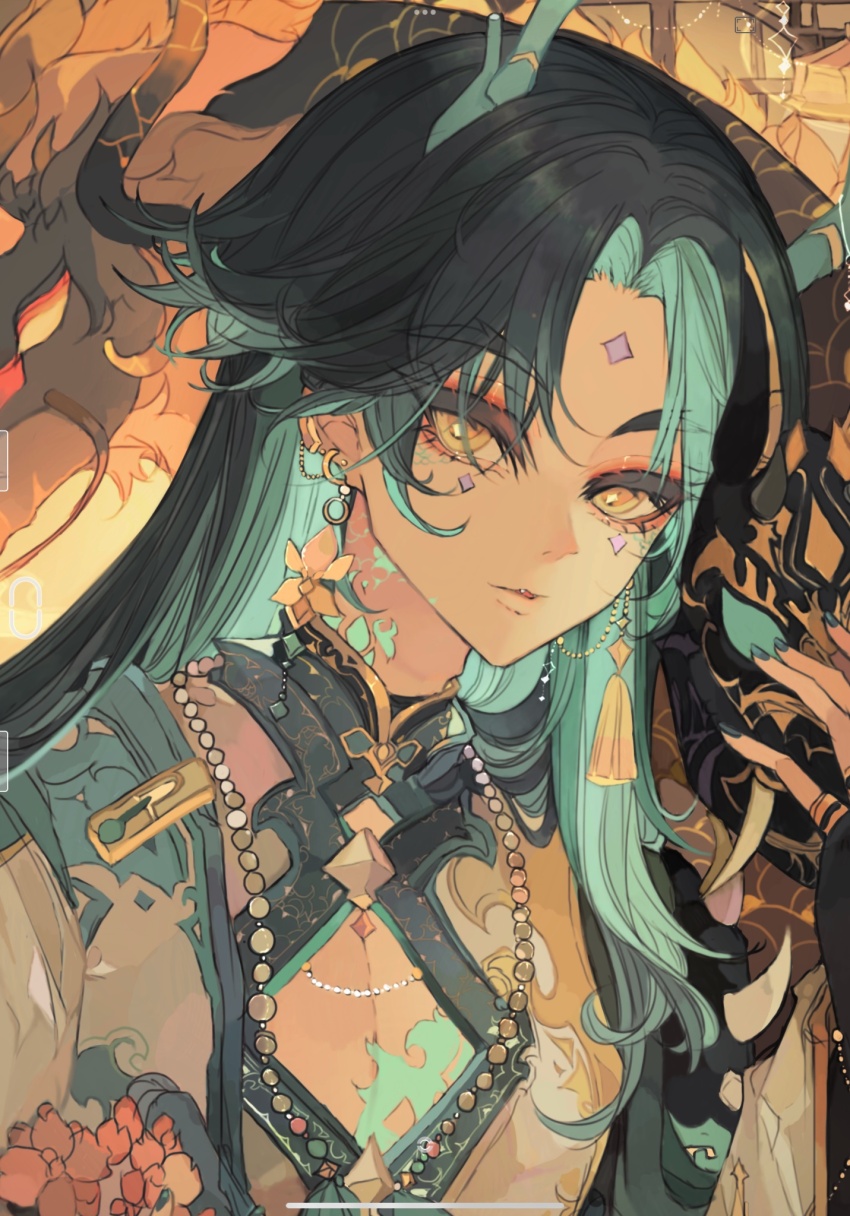 1boy, alternate_costume, alternate_hair_length, alternate_hairstyle, aqua_hair, black_hair, black_nails, bridal_gauntlets