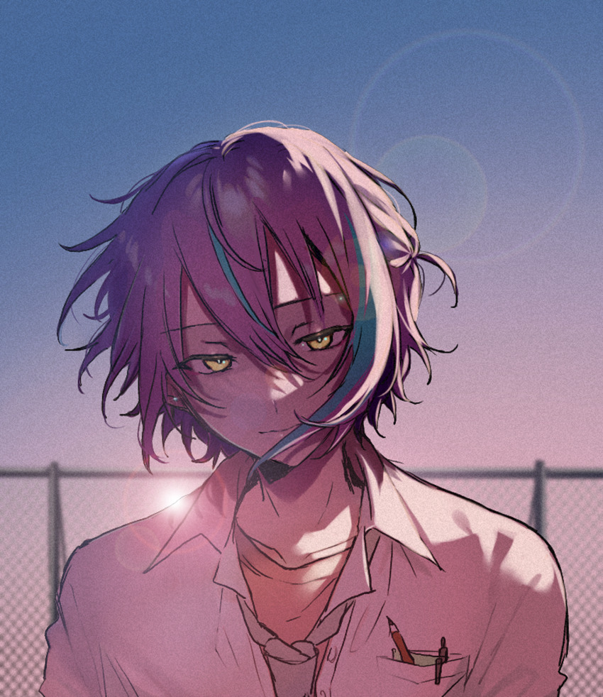 1boy, aged_down, aqua_hair, blue_sky, blurry, blurry_background, breast_pocket, chain-link_fence