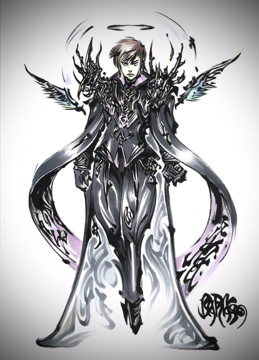 1boy, barago_(garo), black_gloves, black_skirt, brown_hair, calligraphy_brush_(medium), floating, full_body