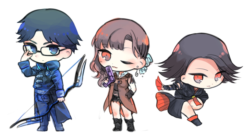 1boy, 2girls, black_footwear, black_gloves, black_shorts, black_skirt, blue_coat, blue_eyes