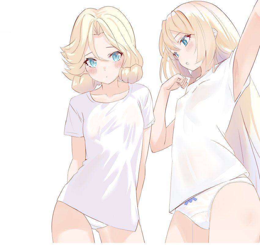 2girls, absurdres, alternate_costume, armpits, blonde_hair, blue_eyes, blush, bow, bow_panties, breasts, closed_mouth, collarbone, cowboy_shot, cropped_legs, from_below, highres, janus_(kancolle), jervis_(kancolle), kantai_collection, long_hair, looking_at_viewer, multiple_girls, no_pants, open_mouth, panties, sakurai_nana_(moshichi), shirt, short_hair, short_sleeves, simple_background, small_breasts, standing, underwear, white_background, white_panties, white_shirt