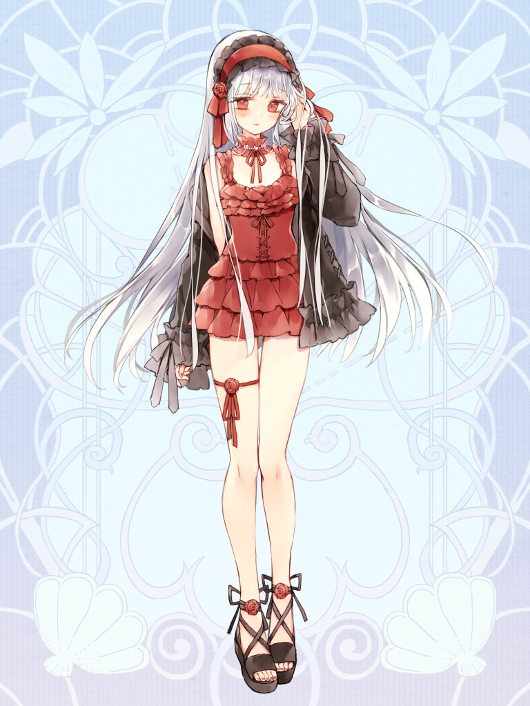 1girl, aurora_blackwood, black_jacket, blue_background, blush, breasts, chain_paradox, dress