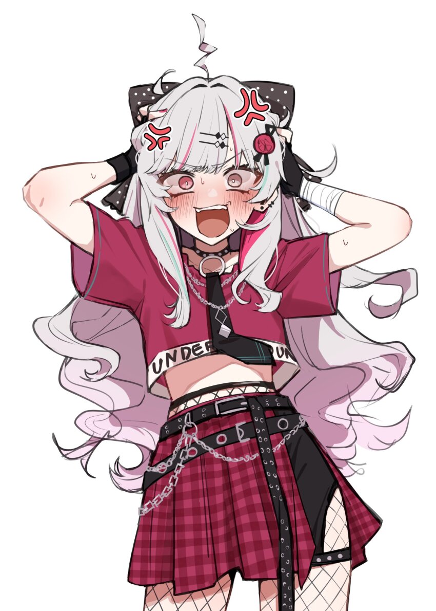 1girl, ahoge, anger_vein, bandaged_wrist, bandages, belt, blush, choker