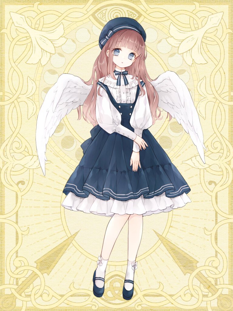 1girl, angel_wings, black_footwear, bow, bowtie, brown_hair, chain_paradox, dress, feathered_wings, frills, full_body, grey_eyes, hat, long_hair, long_sleeves, looking_at_viewer, natsu_nts, pinafore_dress, puffy_long_sleeves, puffy_sleeves, sleeveless, sleeveless_dress, socks, solo, standing, white_socks, white_wings, wings