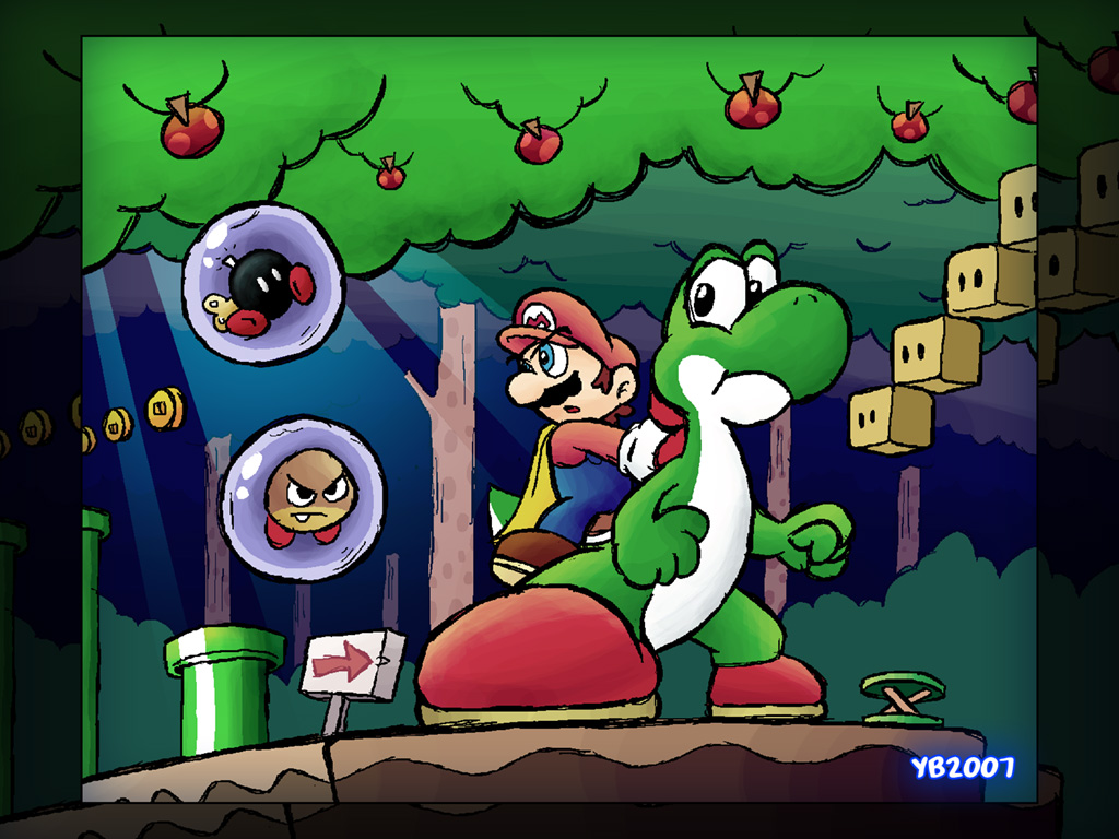 1boy, apple, bob-omb, bubble, cape, cape_mario, coin, dinosaur
