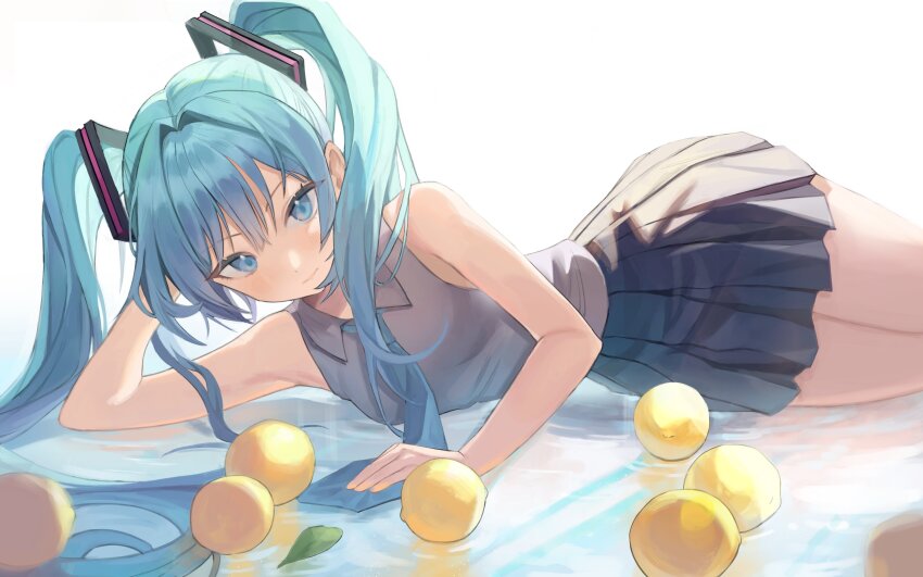 1girl, absurdres, aqua_eyes, aqua_hair, bare_arms, black_skirt, blush, breasts