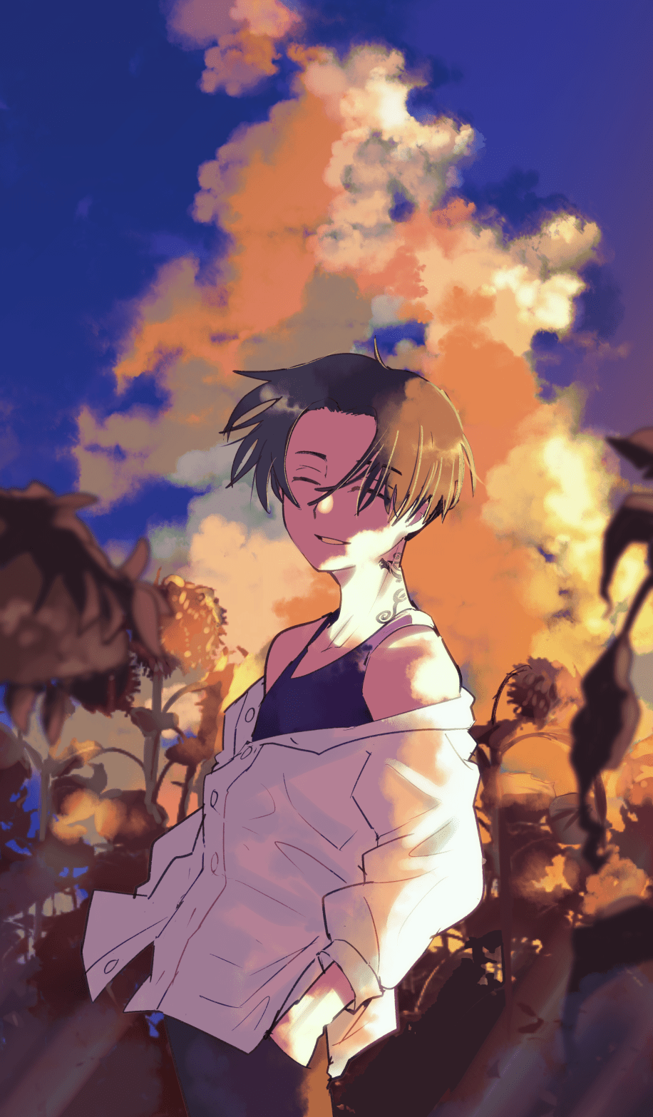 1boy, black_hair, black_pants, cloud, flower, highres, mersey, neck_tattoo