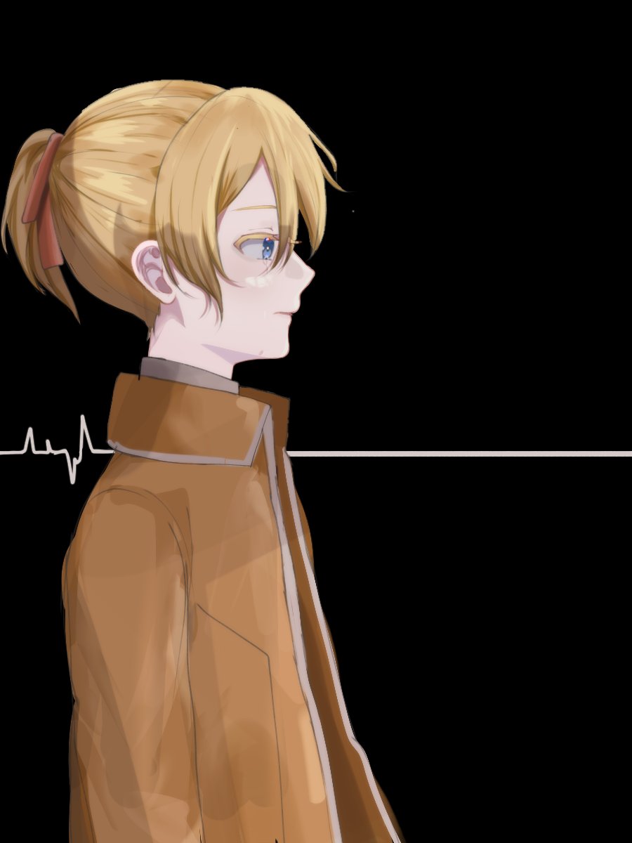 1boy, aku_no_meshitsukai_(vocaloid), allen_avadonia, black_background, blonde_hair, blue_eyes, collared_jacket, collared_shirt, evillious_nendaiki, flatlining, from_side, hair_ribbon, heartbeat, high_collar, highres, hui_(hisessu), jacket, kagamine_len, orange_jacket, ponytail, profile, ribbon, shirt, short_ponytail, solo, vocaloid