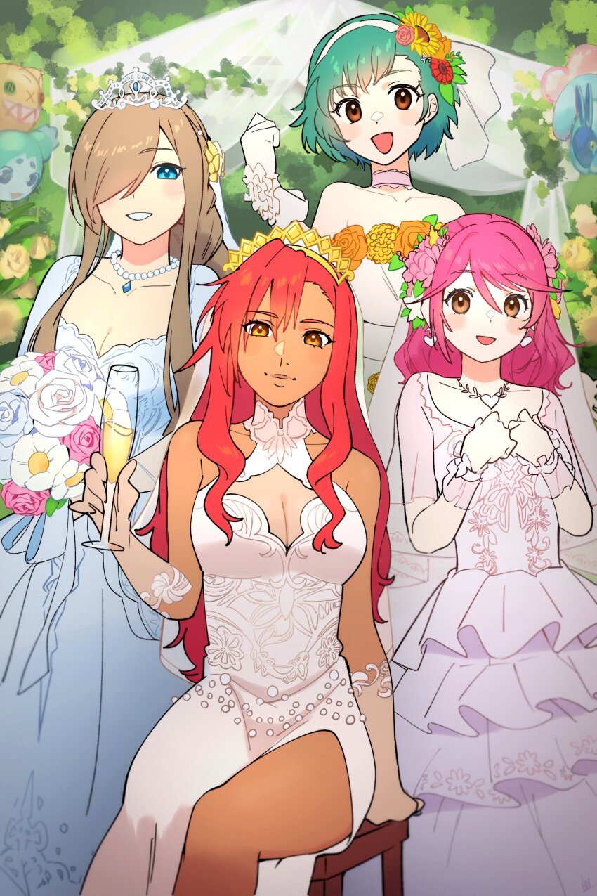 4girls, absurdres, bare_shoulders, blue_eyes, blush, bouquet, breasts, bridal_veil, brown_eyes, brown_hair, cheria_barnes, choker, cleavage, closed_mouth, collarbone, commentary_request, creature, cup, doll, dress, drinking_glass, earrings, farah_oersted, flower, frilled_dress, frills, gloves, green_hair, hair_between_eyes, hair_flower, hair_ornament, hair_over_one_eye, hairband, highres, holding, holding_bouquet, holding_cup, jewelry, large_breasts, light_blush, long_hair, looking_at_viewer, mary_argent, mieu_(tales), multiple_girls, necklace, open_mouth, orange_eyes, parted_lips, pearl_necklace, pink_dress, pink_hair, quickie_(tales), red_hair, short_hair, side_slit, sidelocks, sitting, smile, swept_bangs, tales_of_(series), tales_of_destiny, tales_of_eternia, tales_of_graces, tales_of_the_abyss, tales_of_the_rays, tear_grants, tiara, tokunaga_(tales), ubo_(ubo_tales), veil, wedding_dress, white_dress
