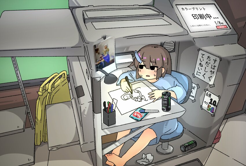 1girl, absurdres, animal_hair_ornament, blue_dress, chair, drawing, dress, fish