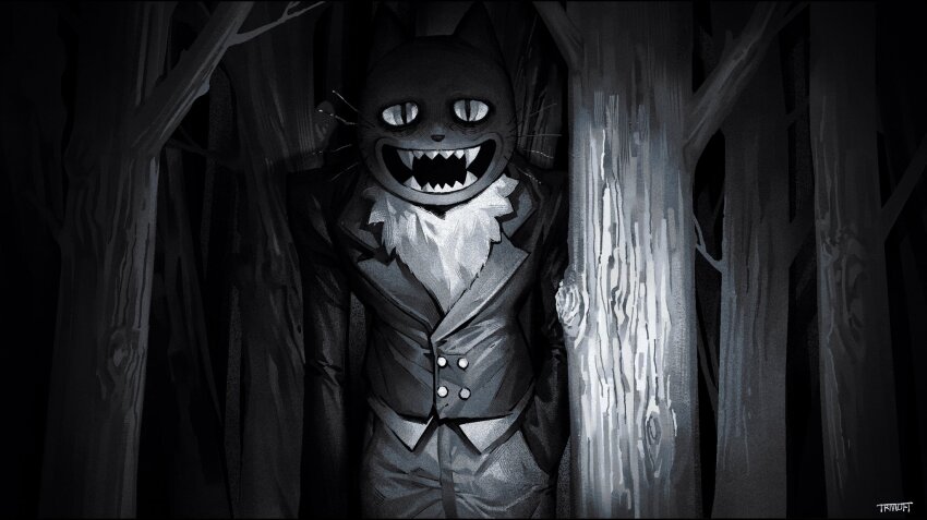 1boy, artist_name, buttons, cat_mask, coat, cowboy_shot, dark, double-breasted, fear_&amp;_hunger, fear_&amp;_hunger_2:_termina, forest, fur_trim, greyscale, hand_in_pocket, hanstrmoft, highres, horror_(theme), long_sleeves, looking_at_viewer, mask, monochrome, nature, night, outdoors, pants, pocketcat_(fear_&amp;_hunger), solo, tailcoat