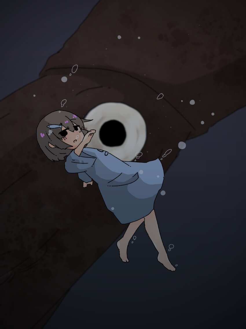 1girl, absurdres, air_bubble, animal_hair_ornament, blue_dress, bubble, commentary, dark