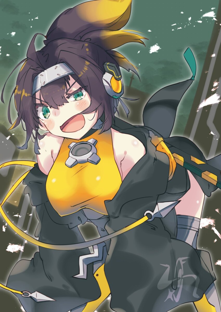 1girl, ahoge, bare_shoulders, blonde_hair, blush, brown_hair, character_name, colored_tips