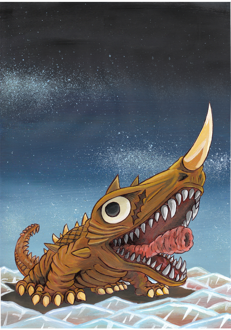 all_fours, barugon, chameleon, chibi, daiei_motion_picture, gamera_(series), gamera_vs._barugon, giant, giant_monster, gojihiro, horns, ice, kaiju, lizard, long_tongue, monster, night, no_humans, open_mouth, reflection, scar, sharp_teeth, spikes, star_(sky), tail, teeth, tongue, tongue_out, very_long_tongue