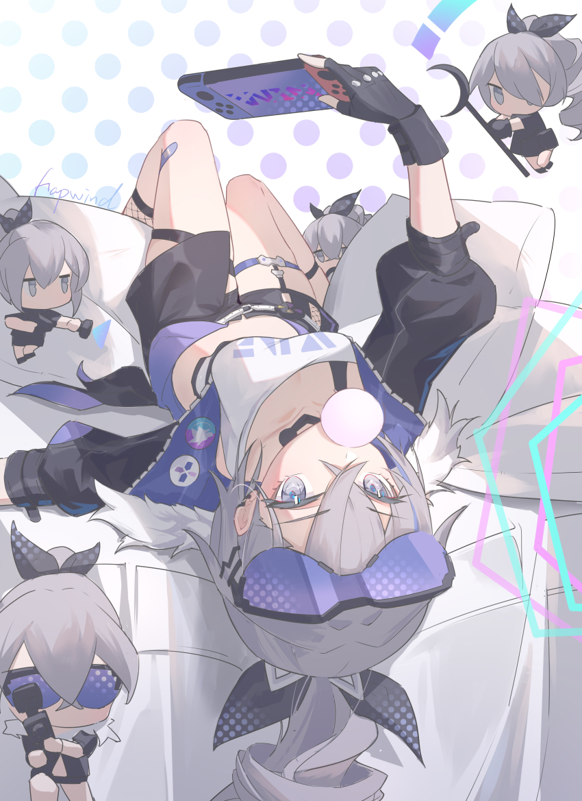 1girl, absurdres, black_gloves, black_jacket, black_shorts, blowing_bubble_gum, blowing_bubbles, breasts