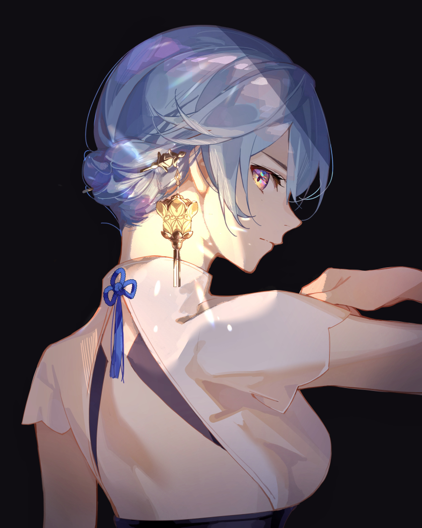 1girl, absurdres, alternate_costume, arm_up, back, backless_outfit, black_background, eula_(genshin_impact)