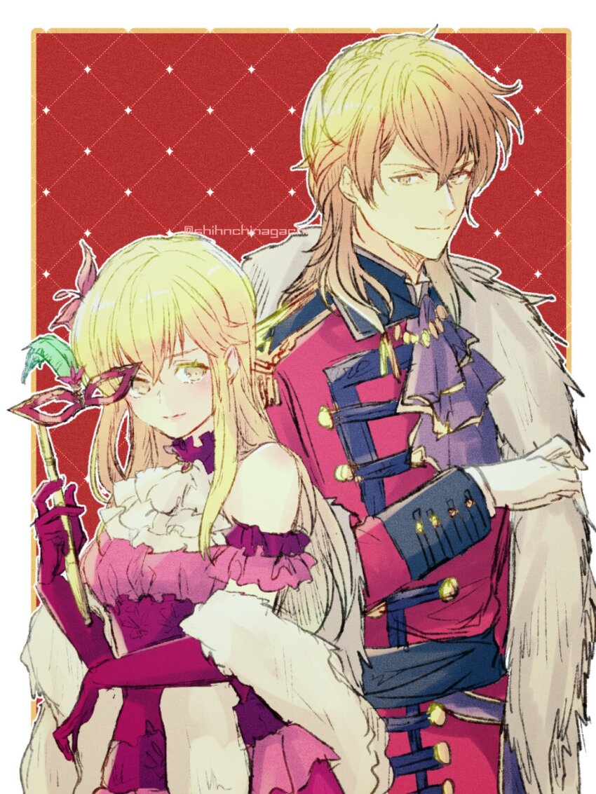 1boy, 1girl, ascot, gown, ballroom_dress, ballroom_gown, bare_shoulders, blonde_hair