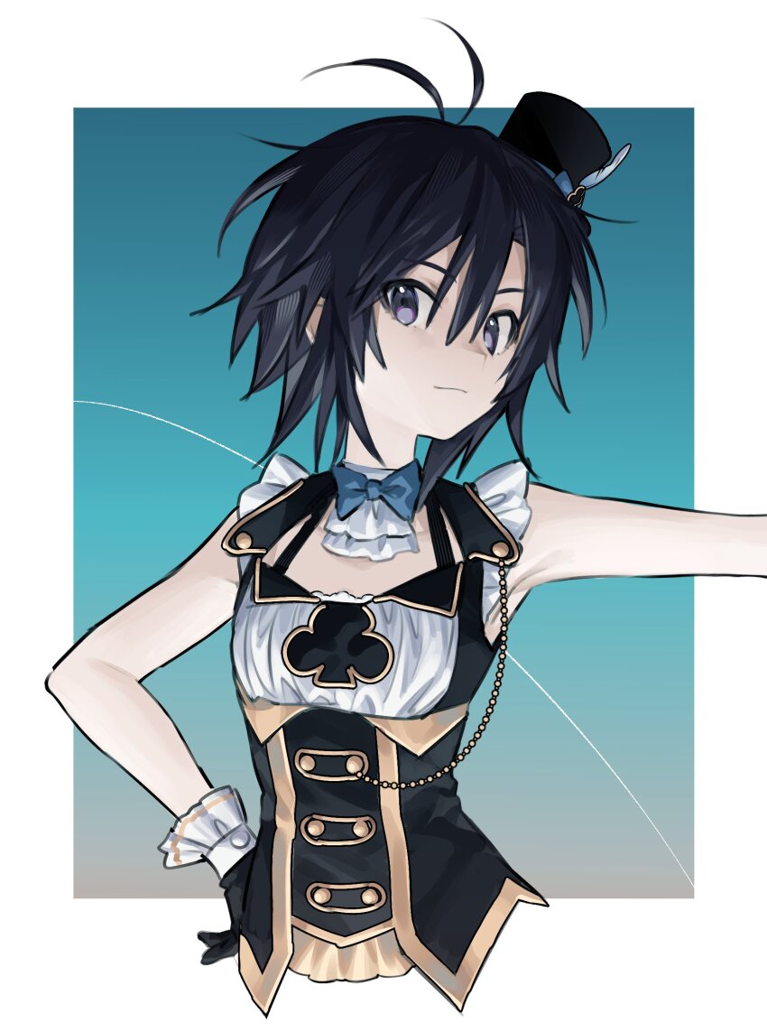 1girl, :3, absurdres, antenna_hair, armpits, ascot, bare_shoulders, black_corset, black_dress, black_gloves, black_hair, black_hat, blue_background, blue_bow, blue_bowtie, blue_ribbon, bow, bowtie, breasts, buttons, chain, cleavage_cutout, clever_clover_(idolmaster), close-up, closed_mouth, clothing_cutout, club_(shape), commentary, corset, cropped_torso, double-breasted, dress, frilled_dress, frilled_gloves, frills, gloves, gradient_background, hair_between_eyes, hand_on_own_hip, hat, hat_ribbon, highres, idolmaster, idolmaster_(classic), idolmaster_2, idolmaster_million_live!, kikuchi_makoto, light_smile, looking_at_viewer, looking_to_the_side, mini_hat, mini_top_hat, non-web_source, outside_border, outstretched_arm, purple_eyes, ribbon, short_hair, sleeveless, sleeveless_dress, small_breasts, solo, tilted_headwear, tomboy, top_hat, turning_head, two-tone_dress, upper_body, very_short_hair, vickyycy99, white_ascot, white_dress