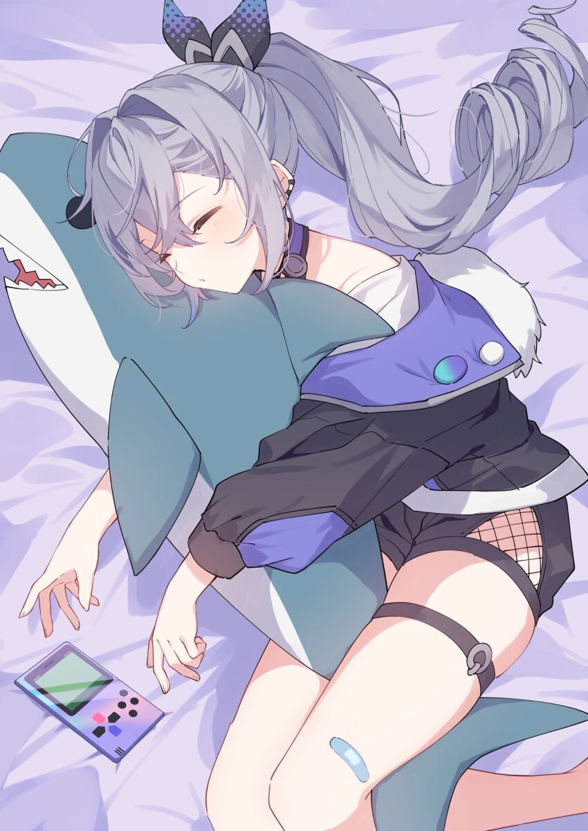 1girl, bandaged_leg, bandages, bed, black_jacket, black_shorts, black_sleeves, closed_eyes