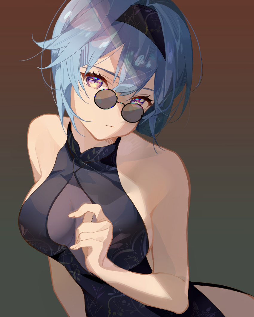 1girl, absurdres, alternate_costume, bare_shoulders, black-framed_eyewear, black_dress, black_hairband, blue_hair, breasts, china_dress, chinese_clothes, cleavage, cleavage_cutout, clothing_cutout, collared_dress, dress, eula_(genshin_impact), genshin_impact, glasses, hair_between_eyes, hairband, highres, looking_at_viewer, medium_breasts, medium_hair, multicolored_eyes, oriori_0201, petal_print, pince-nez, pout, see-through_clothes, see-through_cleavage, sideboob, sleeveless, sleeveless_dress, solo, sunglasses, tassel, unkempt